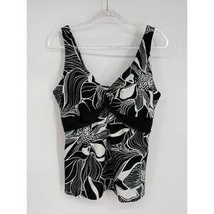 Costa‎ Del Sol Black White Floral Tankini Swim Top Women's Sz 16 Twist Front